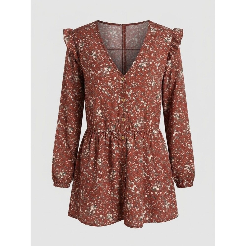 BloomChic Women Size 18-20 Floral Mini Dress Rust Brown Long Sleeve V-Neck NWT